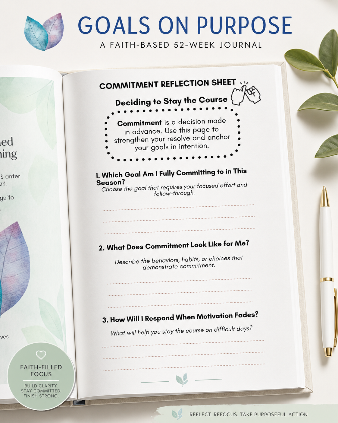 Commitment reflection sheet from the Goals On Purpose journal