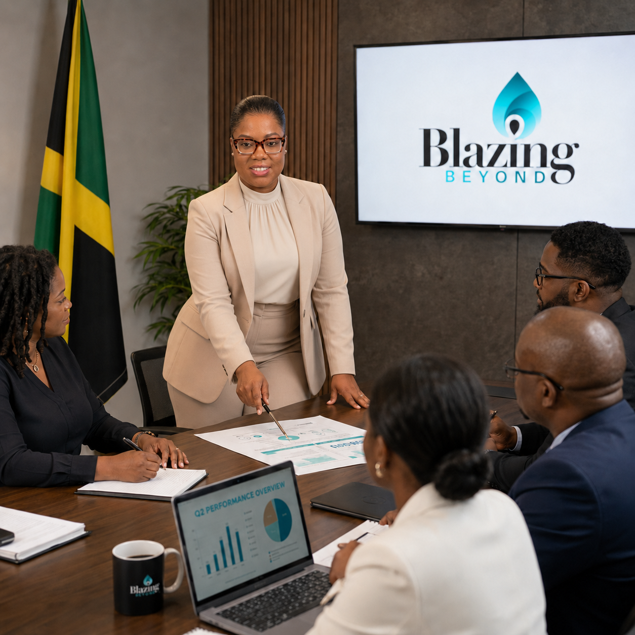 Leadership executive presenting Q2 performance to her management team