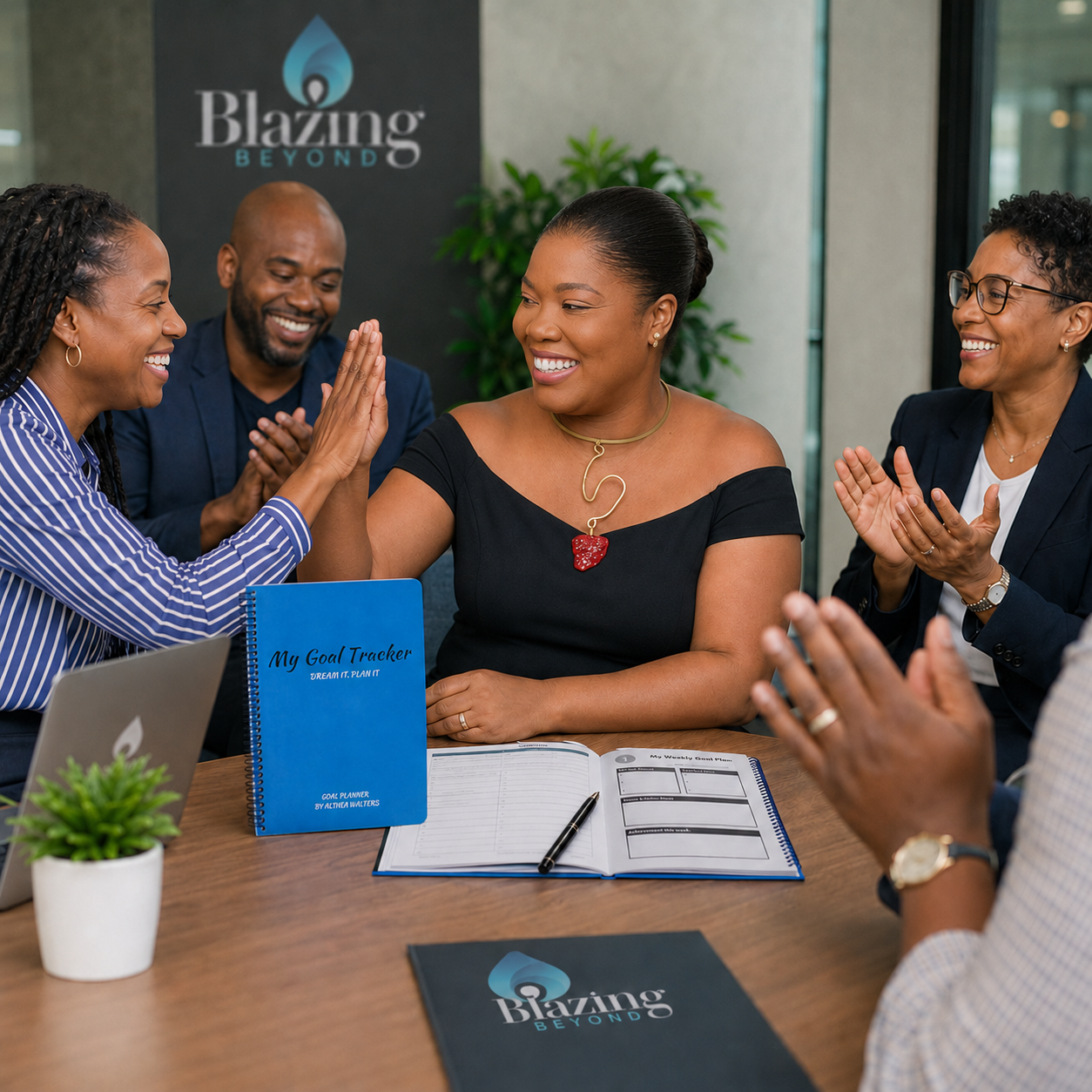 Team celebrating progress and accountability around the Blazing Beyond goal planning tools