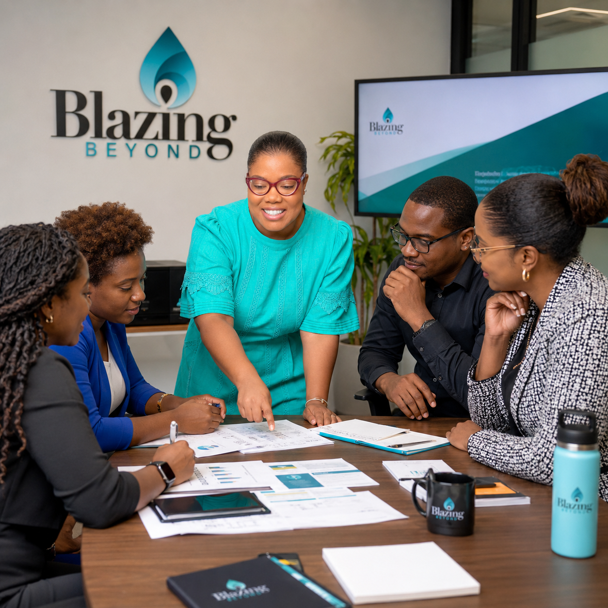 Team reviewing productivity systems and workplace planning documents